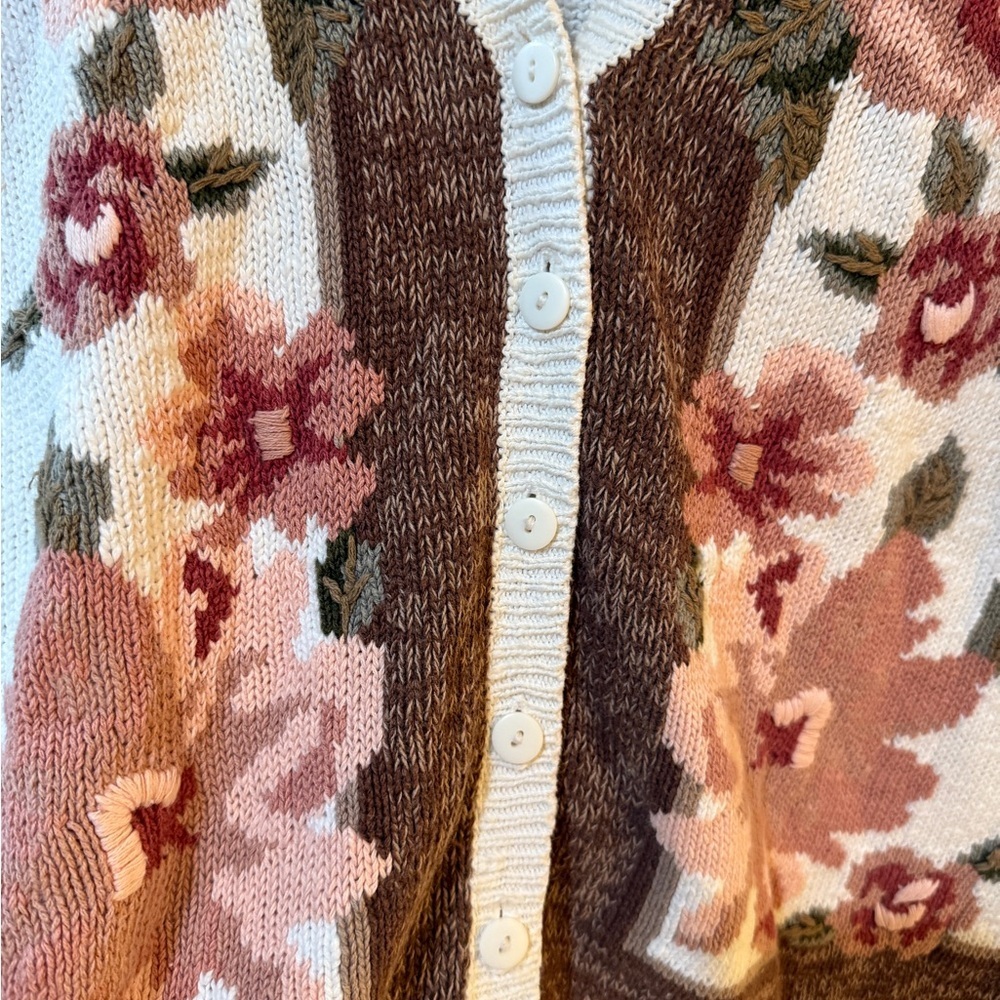 VTG LISE J Women's Floral Knit Cardigan Cream Brown Pink Grandma Cottage Prarie - Picture 3 of 6